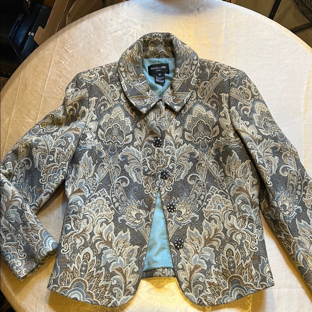 NWOT FOCUS 2000 Women's Tapestry Patterned Jacket - Green Gray and Cream 8P